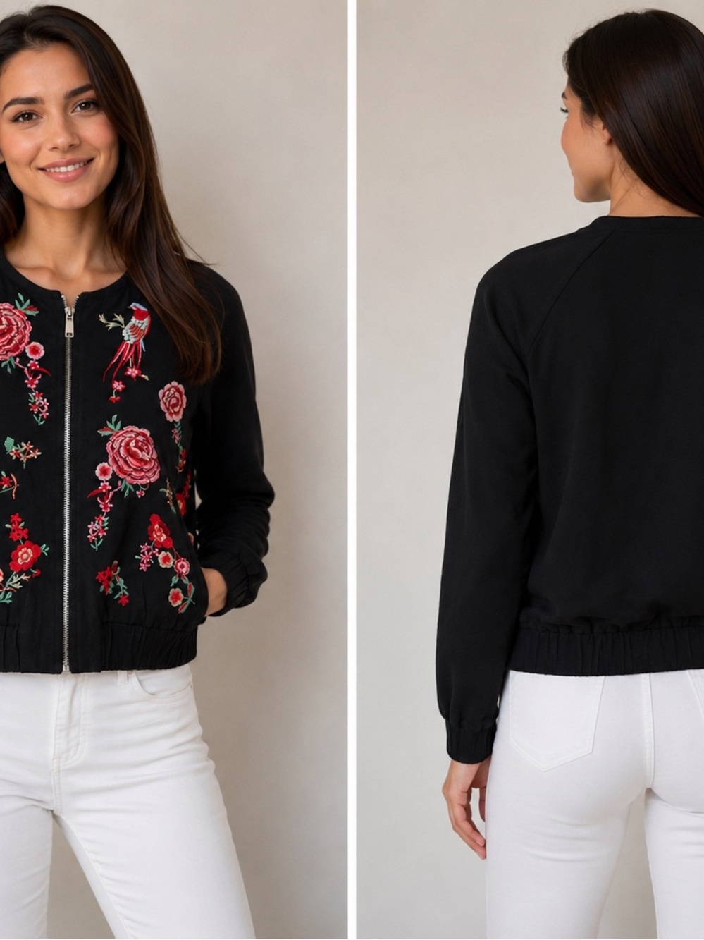New York & Company Black Bomber Jacket with Red & Pink Floral Embroidery